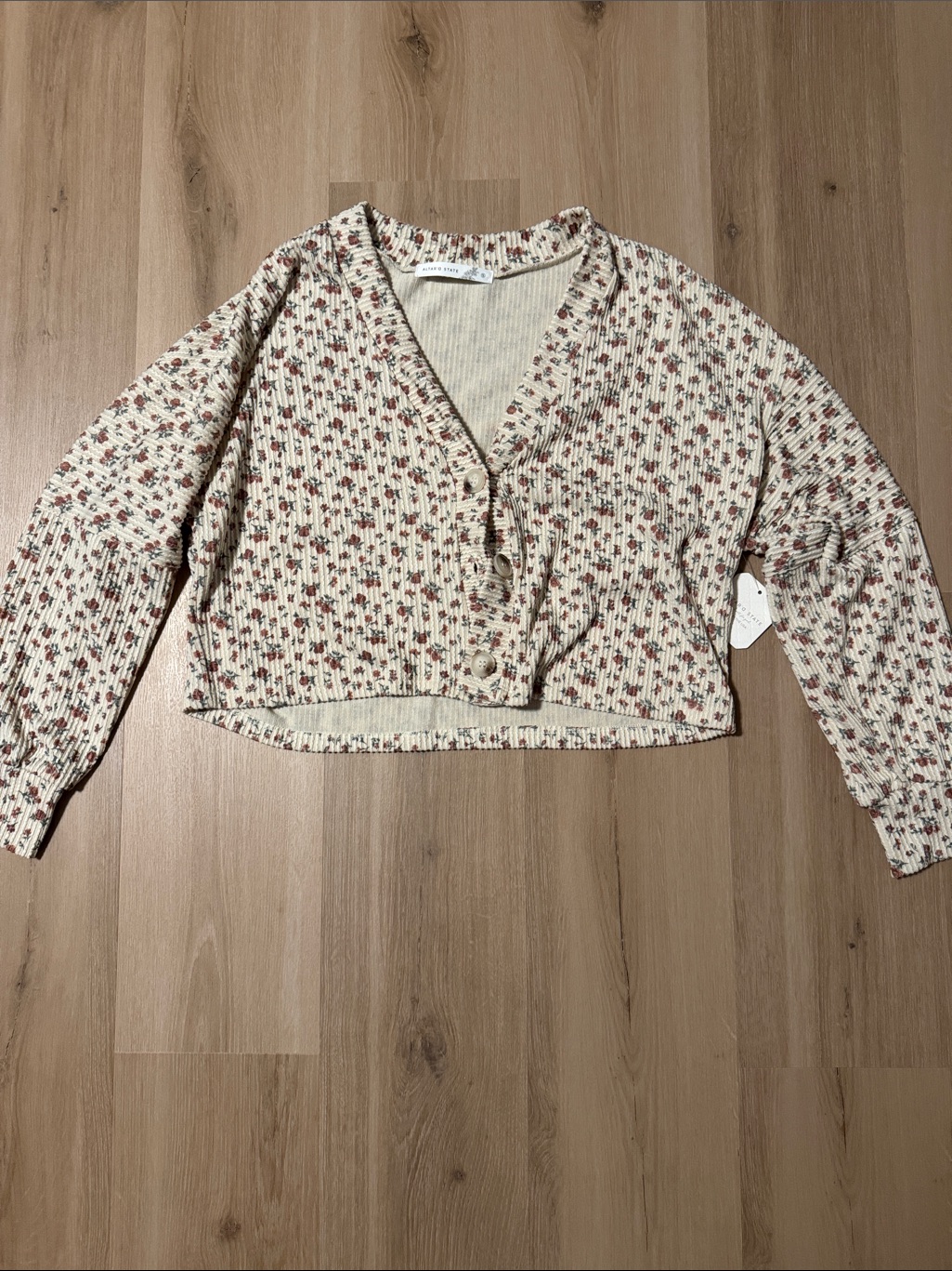 Altar'd State Cream Cropped Cardigan With Red Floral